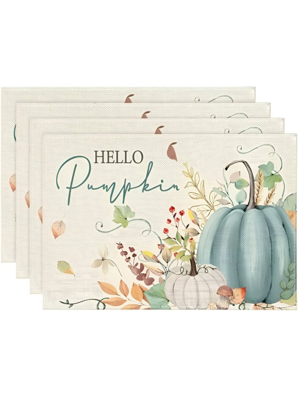 Aqua Hello Pumpkin Floral Leaves Fall Placemats Set of 4, 12x18 Inch
